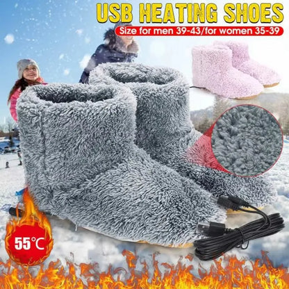 USB Heater Shoes Men Women Winter Warm Snow Boots Foot Warmer Plush Heating Rechargeable Slippers Electric Heated Slippers