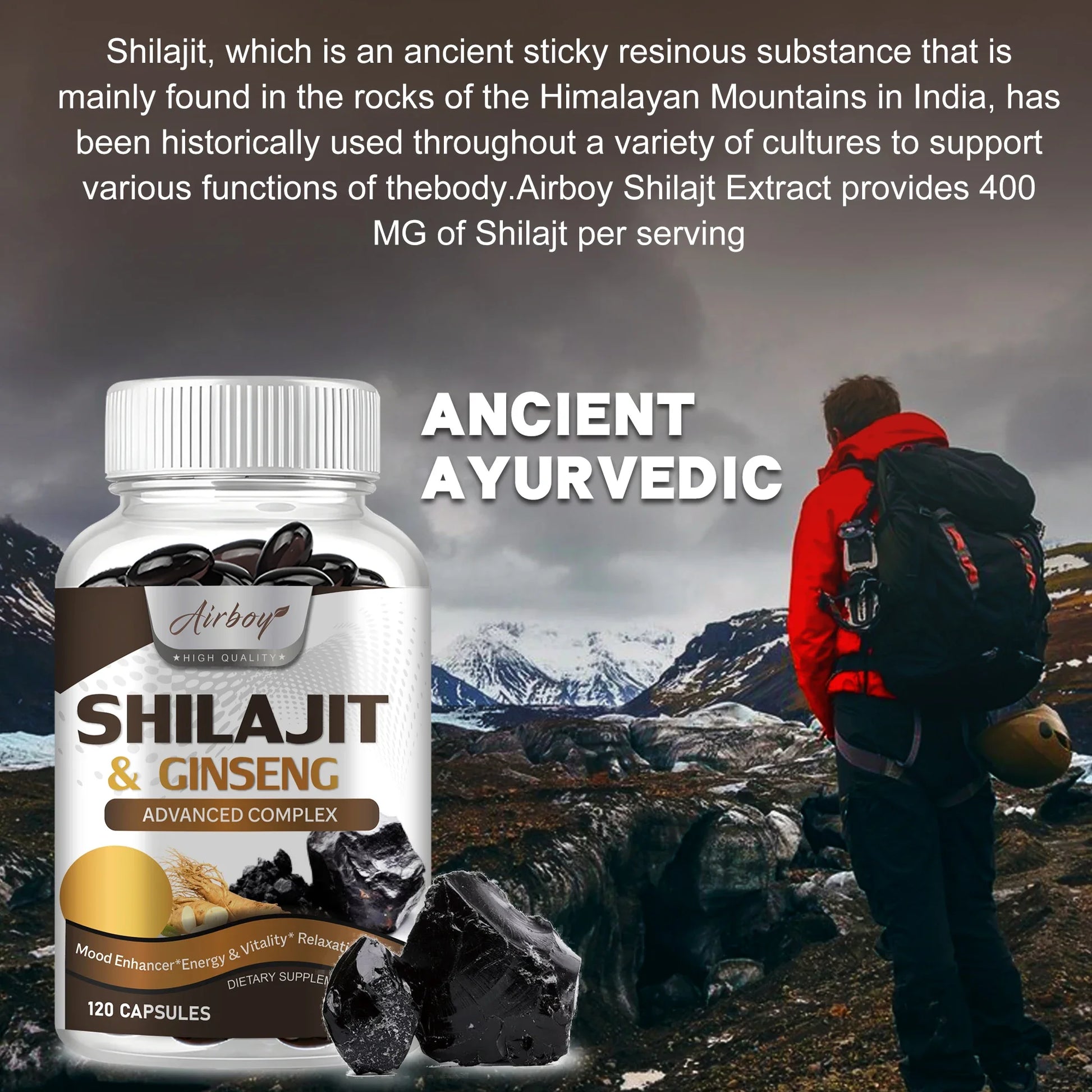 fachgo | Shilajit & Ginseng Supplement - Provides Energy and Endurance, Enhances Brain & Memory, Immune Support - 120 Capsules