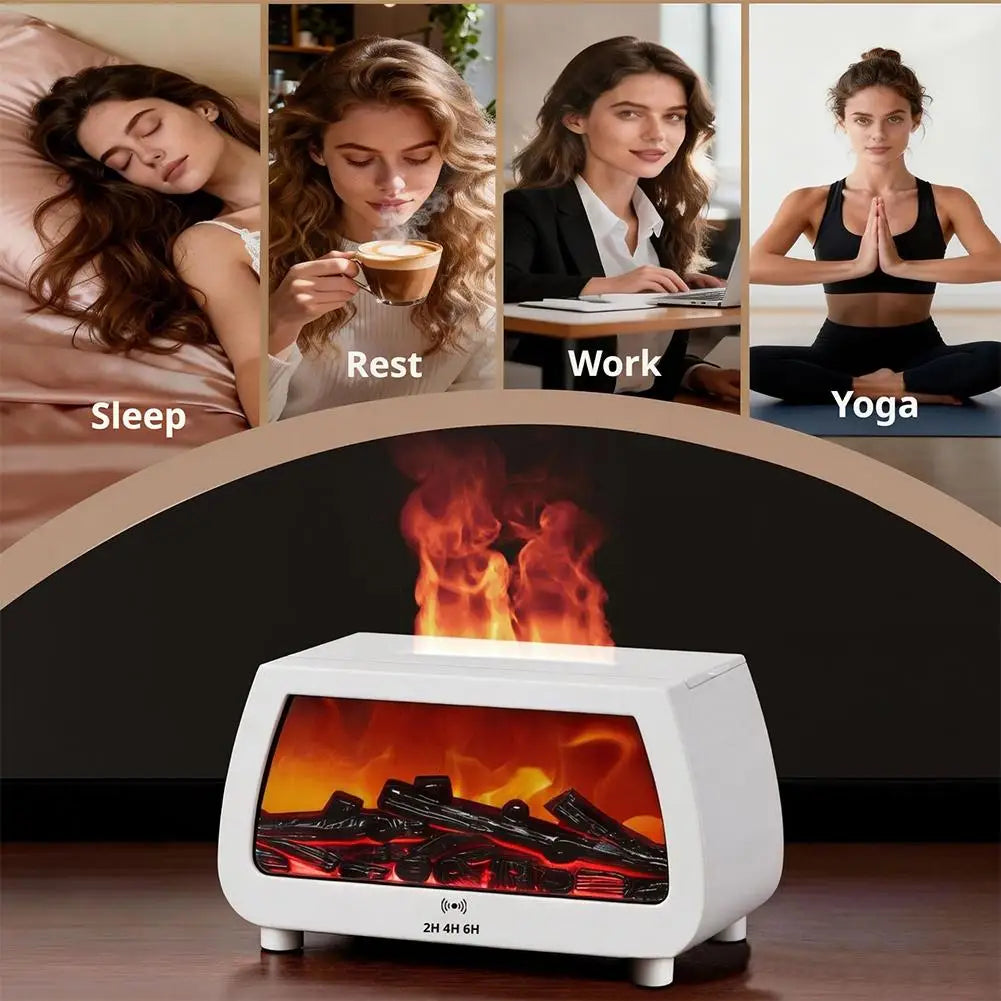 Auto Aroma Diffuser Faux Fireplace Flame Effect Essential Oil Humidifier With Remote Control LED Light Quiet Desktop Diffuser