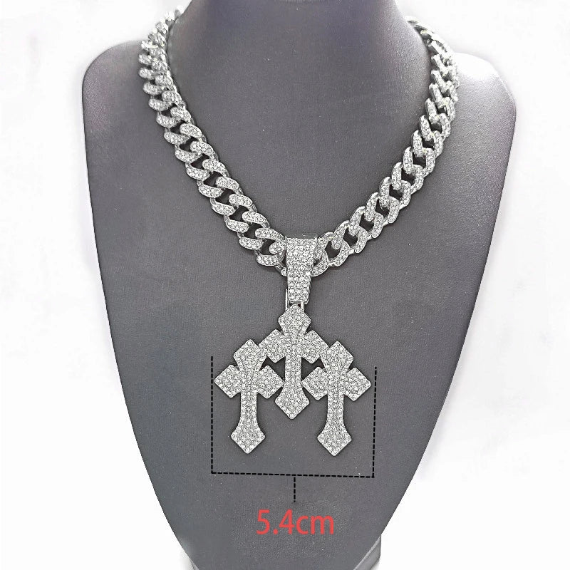 fachgo | New Iced Out Stacked Crosses Pendant Necklaces for Men With 13mm Cuban Chain Hip Hop Cross Rhinestone Jewelry pendant Gift