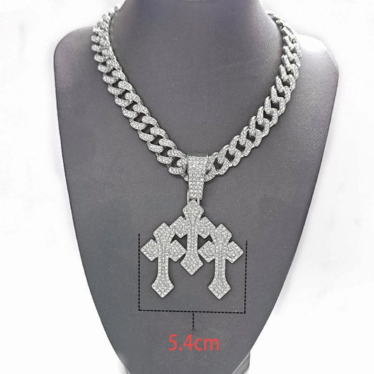 fachgo | New Iced Out Stacked Crosses Pendant Necklaces for Men With 13mm Cuban Chain Hip Hop Cross Rhinestone Jewelry pendant Gift