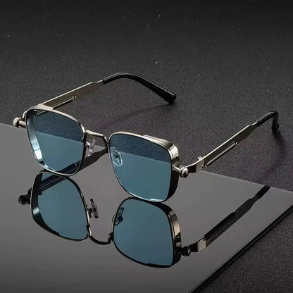 fachgo | Men Driving Sunglasses Vintage Steampunk Square Sunglasses Metal Frame with Spring Hinges Women Eyepiece Trendy Driver 2028