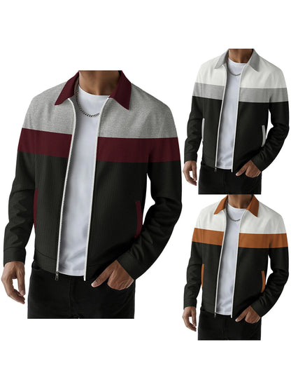 fachgo | Men s Casual Lapel Collar Zip Up Jacket with Patchwork Design Pockets and Stylish Outerwear for Fall Fashion