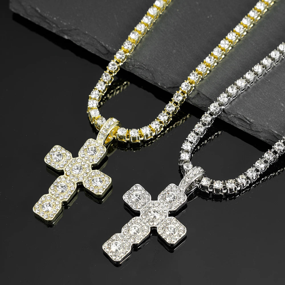 fachgo | 2025 New Hip Hop Cross Pendant Necklace Men 4mm Rhinestone Tennis Chain Iced Sparkling Necklace Women Punk Jewelry Fashion Gift