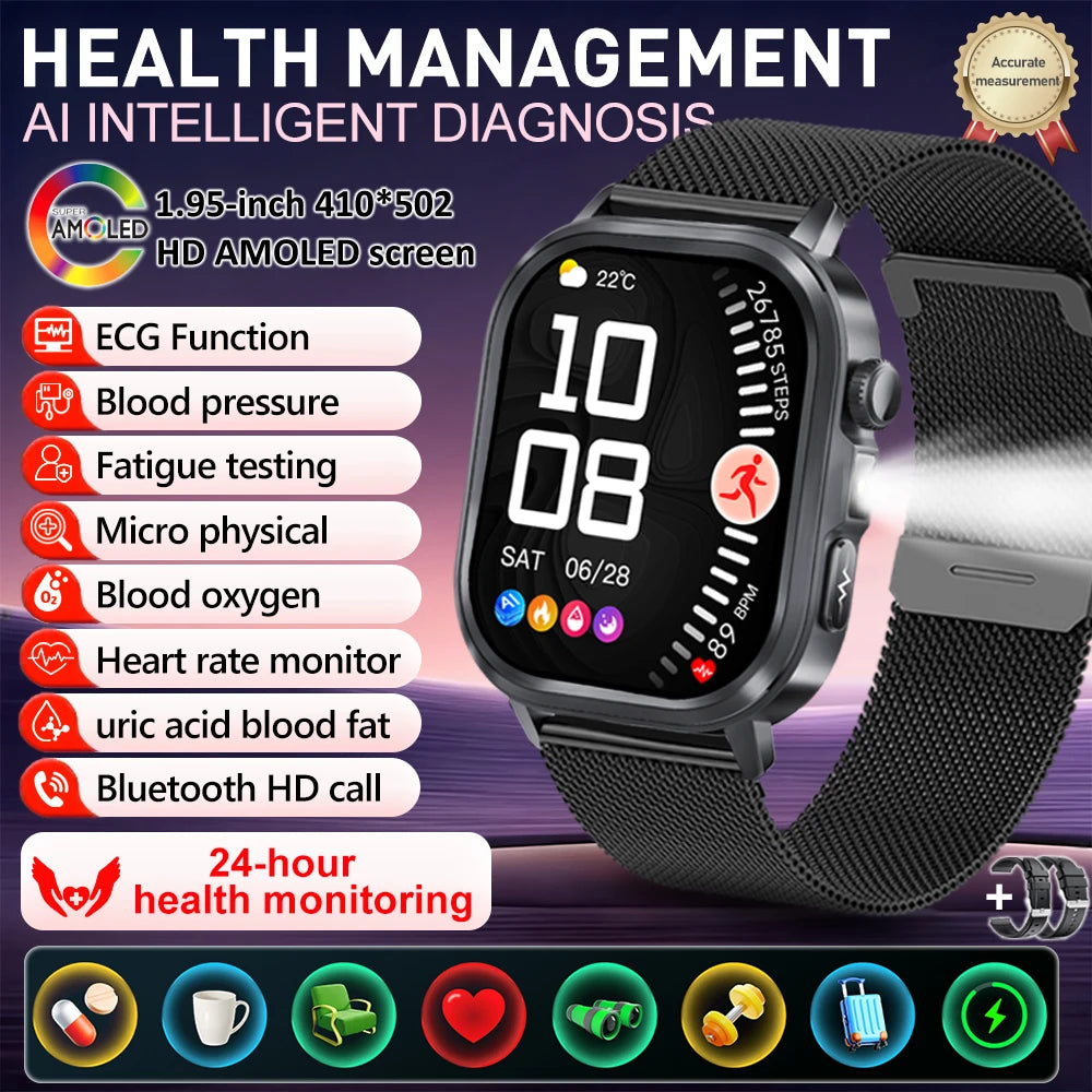 fachgo | New Accurate Blood Pressure Smart Watch Uric Acid ECG+PPG Blood Oxygen Body Analysis Body Fat LED Flashlight smart watches 2025