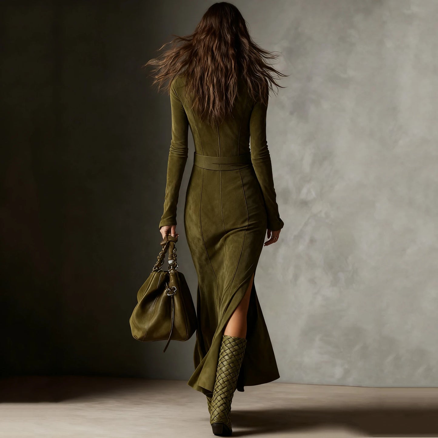 fachgo | Fashion Western Cowboy Long Dress with Pleated Wrap Design Solid Skinny Flowing Ruffled Hem Maxi Dress Chic Travel Clothes