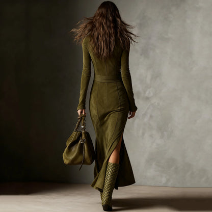 fachgo | Fashion Western Cowboy Long Dress with Pleated Wrap Design Solid Skinny Flowing Ruffled Hem Maxi Dress Chic Travel Clothes