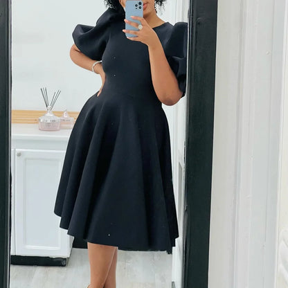 fachgo | Elegant Dresses for Woman 2024 O Neck Short Sleeve High Waisted Pleated Mid Calf Luxury Female Birthday Party Dinner Vestidos