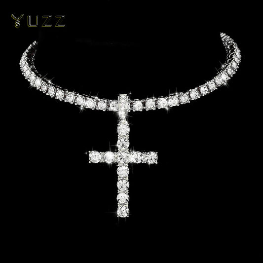fachgo | Hip Hop Iced Out Cross Pendant Necklace Strap 4mm Zircon Tennis Chain Men Women Sparkling Necklace Punk Jewelry Fashion Gift