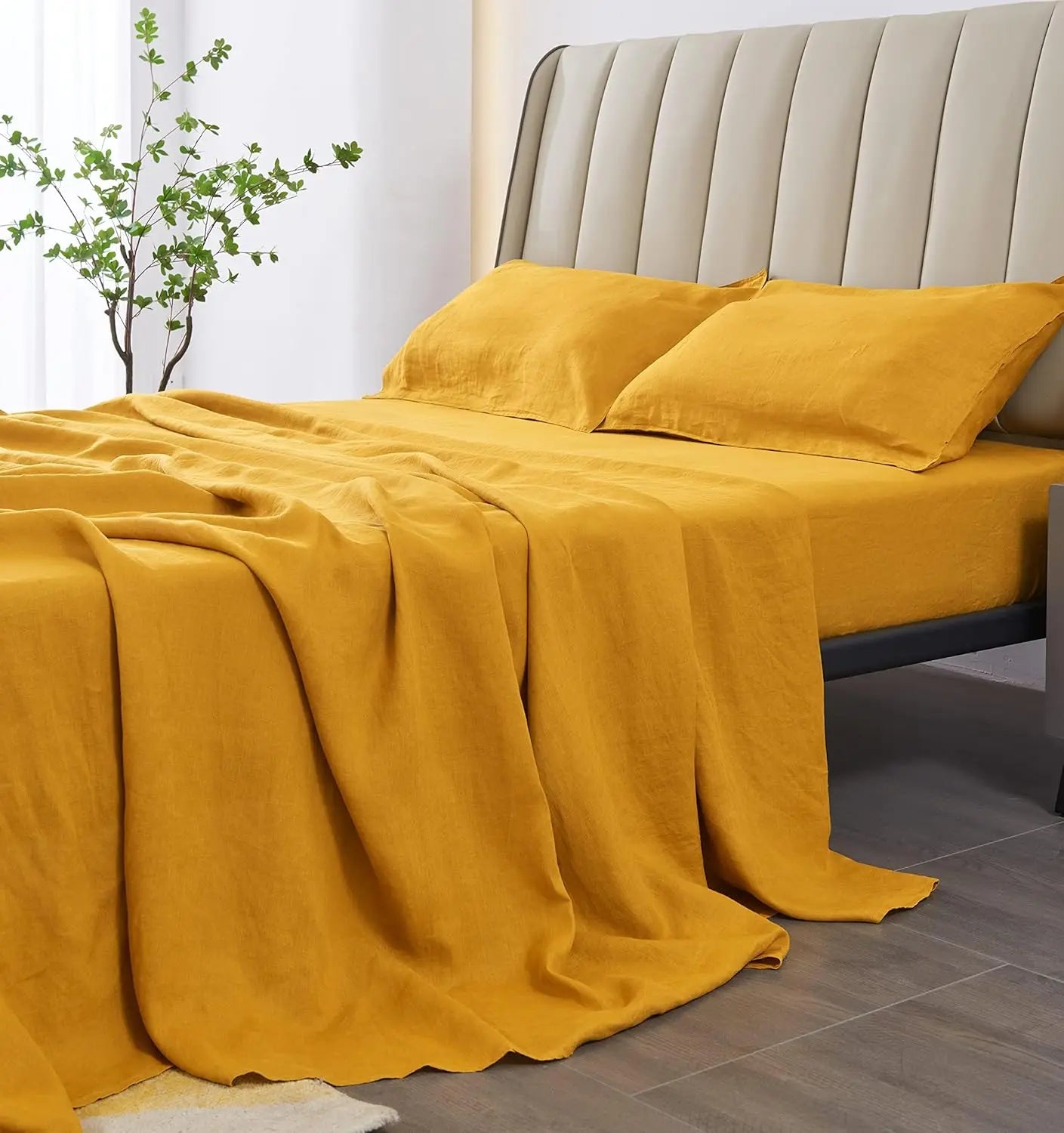 fachgo | Linen Sheets Set,100% French Stone Washed Pure Linen Bed Sheets, 3 Pieces (1 Flat Sheet, 2 Pillowcase) Suitable for Hot Sleepers
