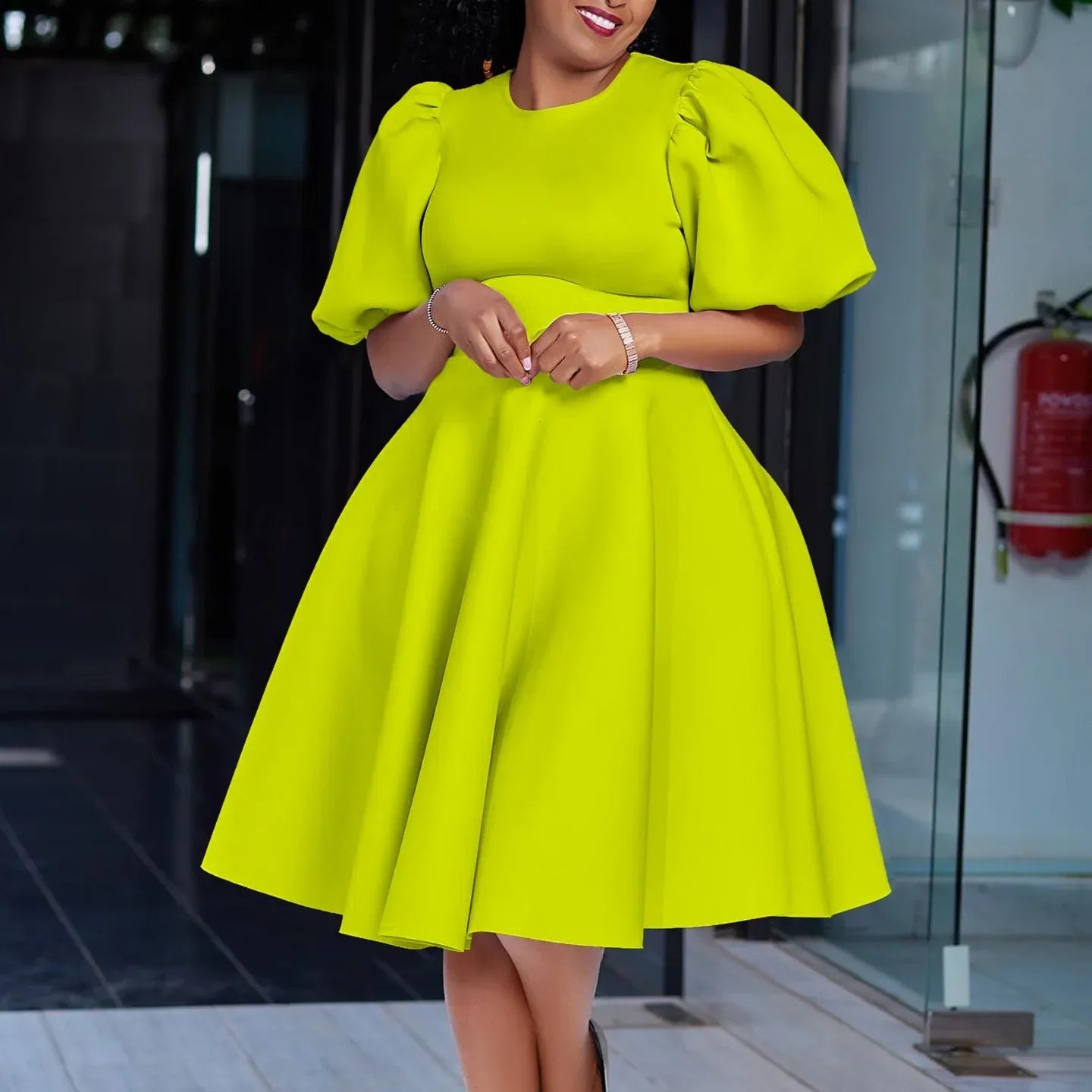 fachgo | Elegant Dresses for Woman 2024 O Neck Short Sleeve High Waisted Pleated Mid Calf Luxury Female Birthday Party Dinner Vestidos