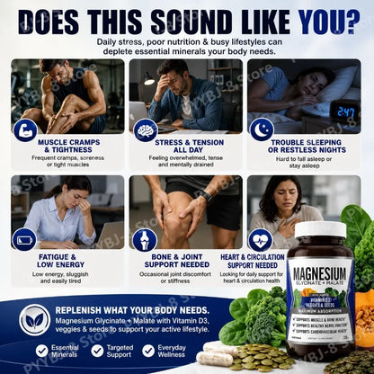 90 Capsules Magnesium Complex Supplement with Glycinate Malate and Vitamin D3 Daily Support Bone and Muscle Health Plant Vegan
