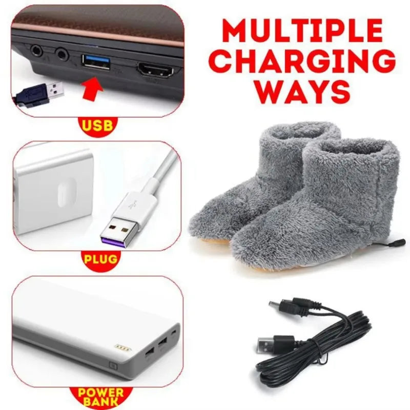 USB Heater Shoes Men Women Winter Warm Snow Boots Foot Warmer Plush Heating Rechargeable Slippers Electric Heated Slippers