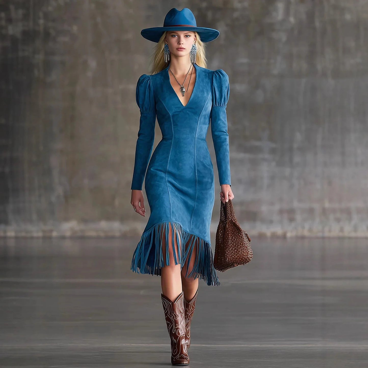 fachgo | Western Retro Tassel Dresses for Women Sexy V-neck Puff Sleeve Slim Hips Dress Long Sleeve Mini Dress 2026 Ladies Dress