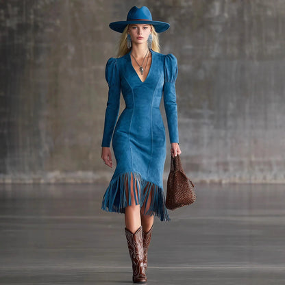 fachgo | Western Retro Tassel Dresses for Women Sexy V-neck Puff Sleeve Slim Hips Dress Long Sleeve Mini Dress 2026 Ladies Dress