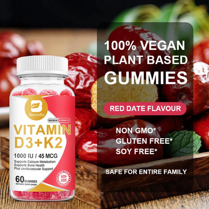 fachgo | BEWORTHS 60PCS Vitamin D3+K2 Gummies 1000 IU Vitamin D3 + 45 Mcg Vitamin K2 for Bone Health Promotes Healthy Muscle Function