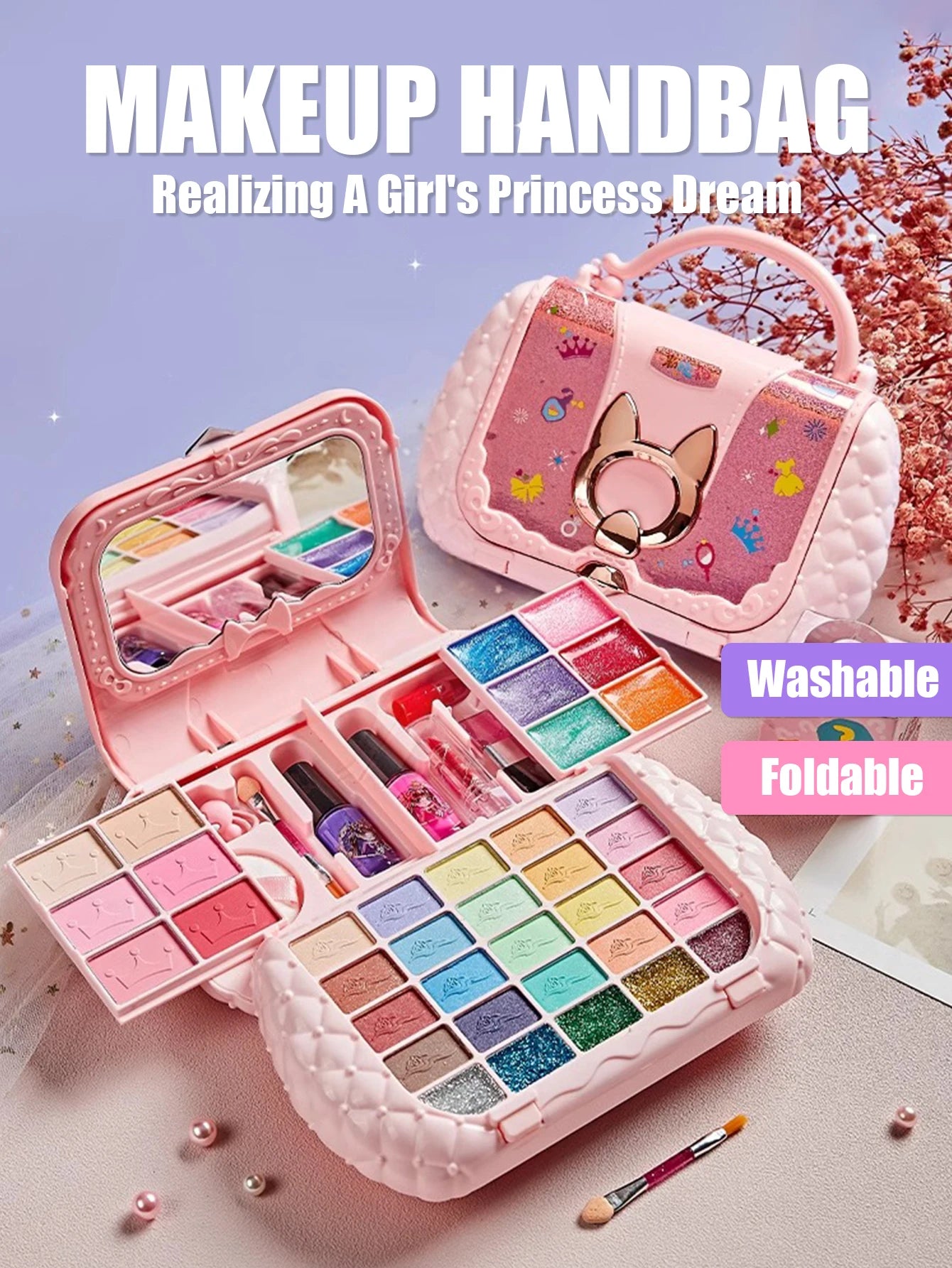 fachgo | Children's cosmetics set, girl's mirror, princess, real washable, pretending to play with beauty toys, non-toxic and safe gift