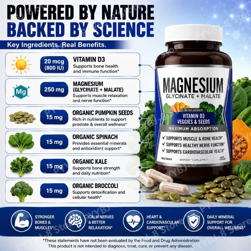 90 Capsules Magnesium Complex Supplement with Glycinate Malate and Vitamin D3 Daily Support Bone and Muscle Health Plant Vegan