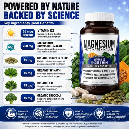 90 Capsules Magnesium Complex Supplement with Glycinate Malate and Vitamin D3 Daily Support Bone and Muscle Health Plant Vegan
