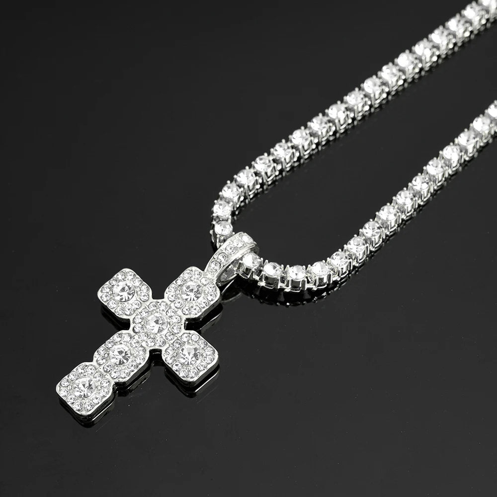 fachgo | 2025 New Hip Hop Cross Pendant Necklace Men 4mm Rhinestone Tennis Chain Iced Sparkling Necklace Women Punk Jewelry Fashion Gift