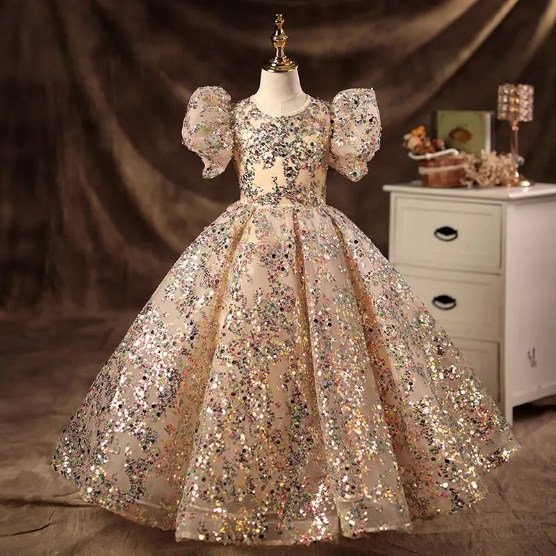 fachgo | Champagne Girls Princess Dress Puffy Tutu Flower Girl Wedding Piano Recital Formal Gown for Kids