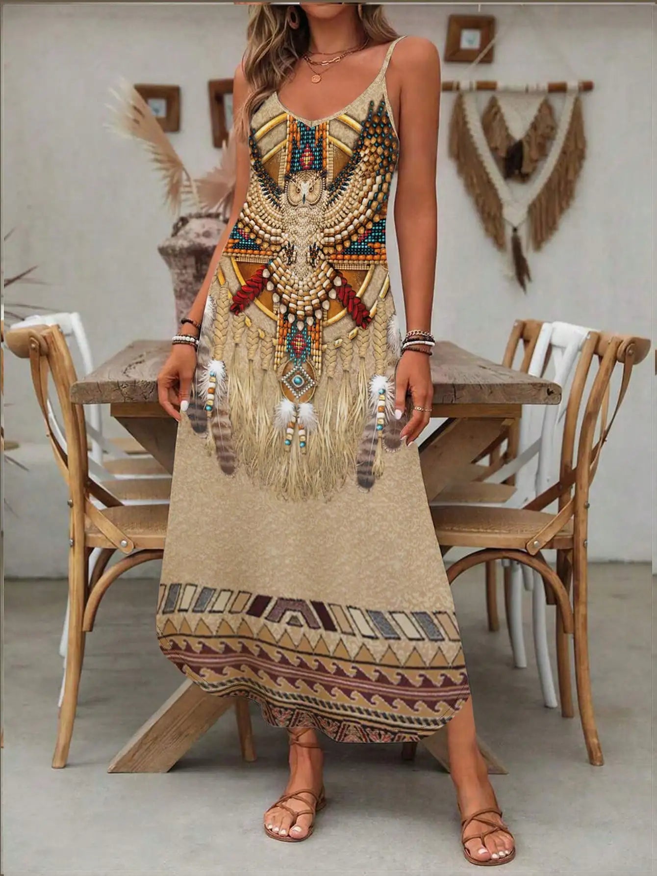 fachgo | Women's Fashion Western Ethnic Print Casual Suspender Dress