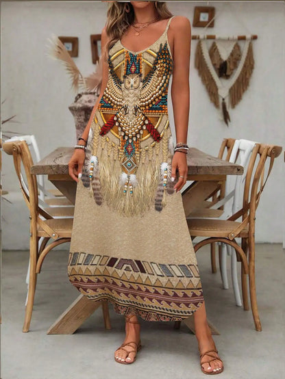 fachgo | Women's Fashion Western Ethnic Print Casual Suspender Dress