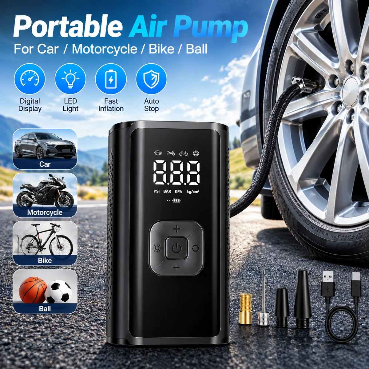 LEIBOO 150PSI Portable Air Compressor Electric Tire Inflator Wireless Air Pump Digital Pressure Gauge Car Bike Motorcycle Ball