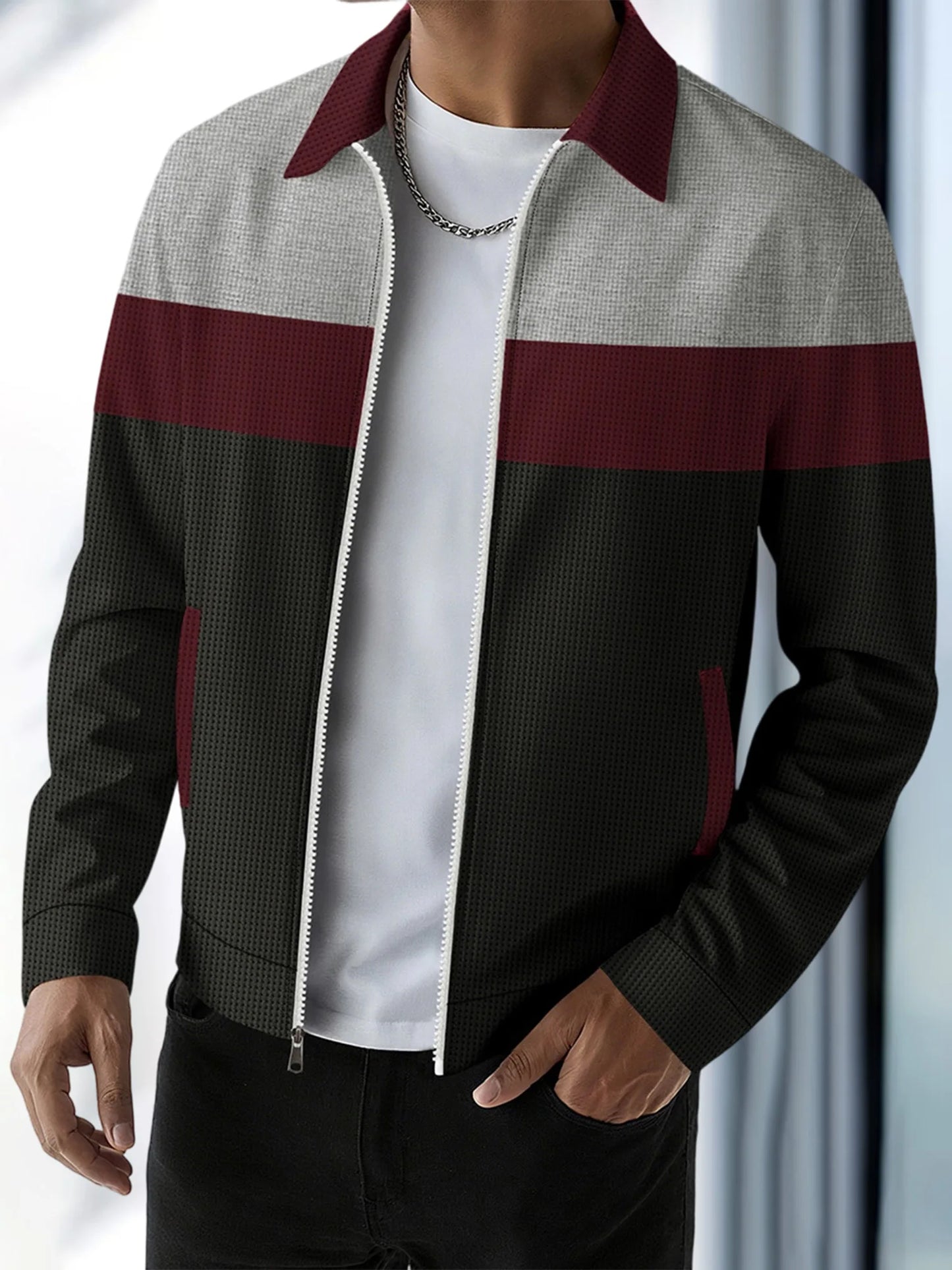 fachgo | Men s Casual Lapel Collar Zip Up Jacket with Patchwork Design Pockets and Stylish Outerwear for Fall Fashion