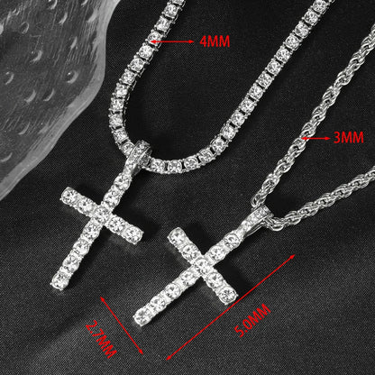 fachgo | Hip Hop Iced Out Cross Pendant Necklace Strap 4mm Zircon Tennis Chain Men Women Sparkling Necklace Punk Jewelry Fashion Gift