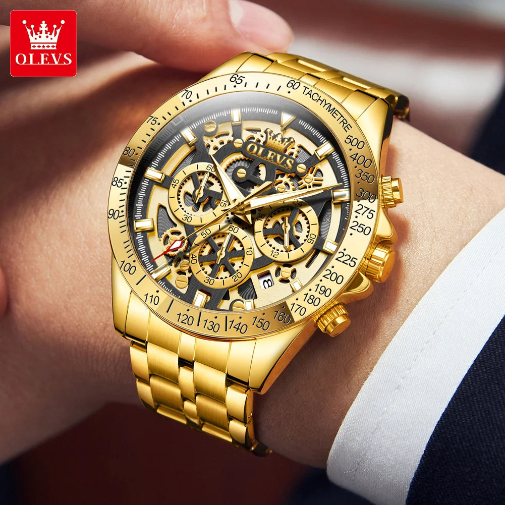 fachgo | OLEVS Lxuxry Brand Gold Men's Watches Full Skeleton Stainless steel Chronograph Wristwatch Waterproof Luminous Quartz Watch Men