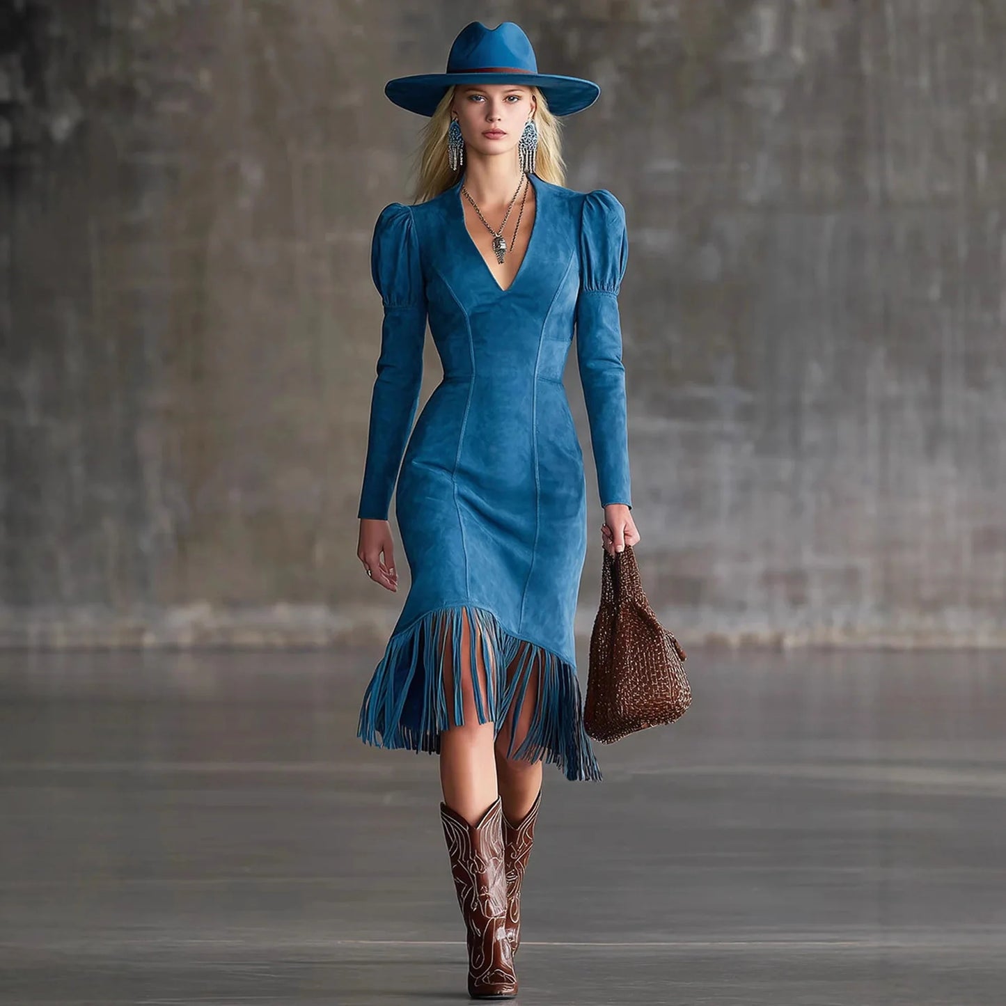 fachgo | Western Retro Tassel Dresses for Women Sexy V-neck Puff Sleeve Slim Hips Dress Long Sleeve Mini Dress 2026 Ladies Dress