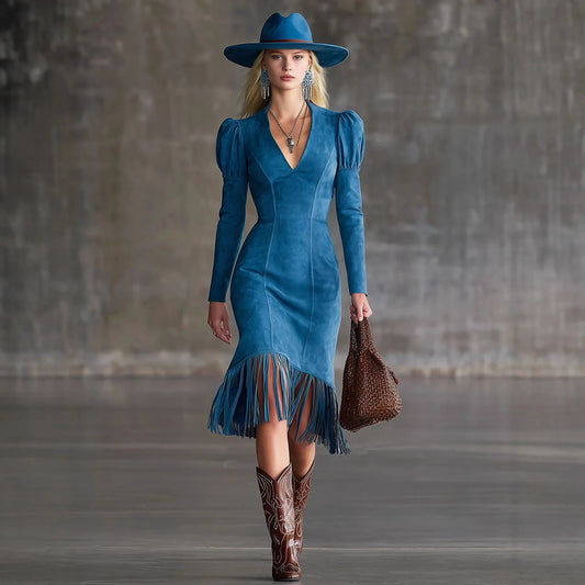 fachgo | Western Retro Tassel Dresses for Women Sexy V-neck Puff Sleeve Slim Hips Dress Long Sleeve Mini Dress 2026 Ladies Dress