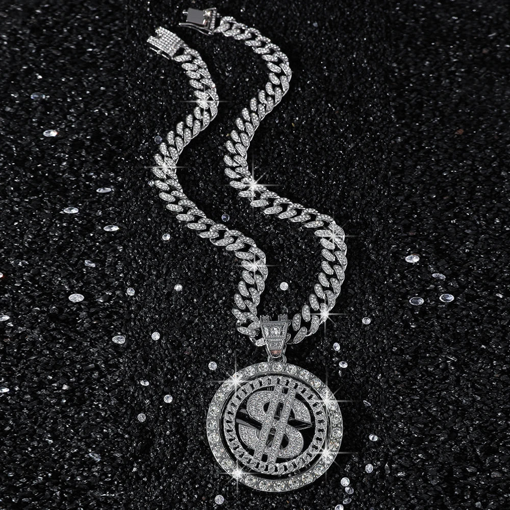 fachgo | Men Hip Hop Big Rotatable US Dollar Money Sign Pendant Necklace 13mm Iced out Cuban Chain Choker Necklace Rap Rock Charm Jewelry