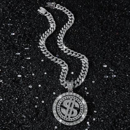 fachgo | Men Hip Hop Big Rotatable US Dollar Money Sign Pendant Necklace 13mm Iced out Cuban Chain Choker Necklace Rap Rock Charm Jewelry