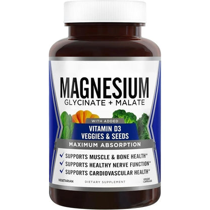 90 Capsules Magnesium Complex Supplement with Glycinate Malate and Vitamin D3 Daily Support Bone and Muscle Health Plant Vegan