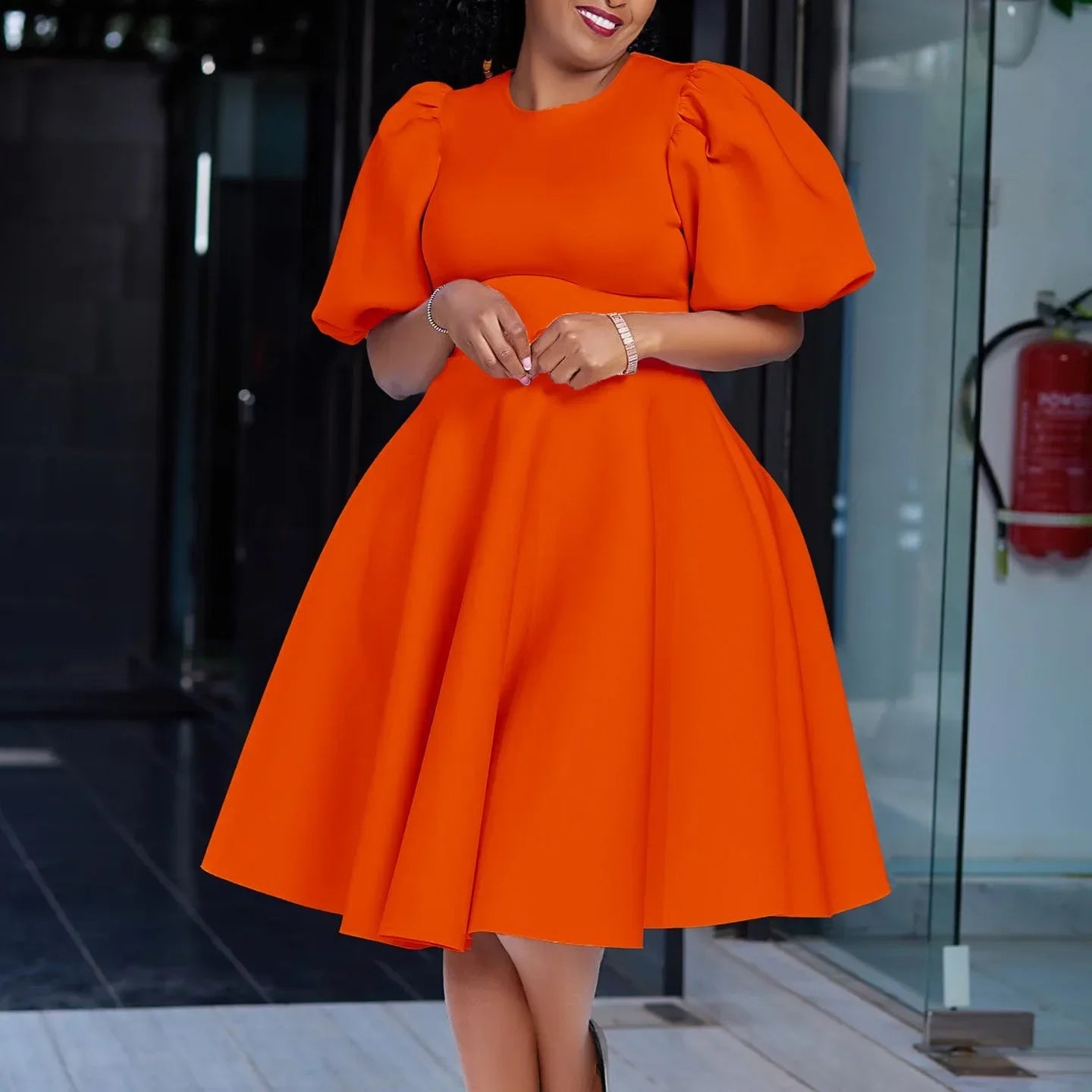 fachgo | Elegant Dresses for Woman 2024 O Neck Short Sleeve High Waisted Pleated Mid Calf Luxury Female Birthday Party Dinner Vestidos
