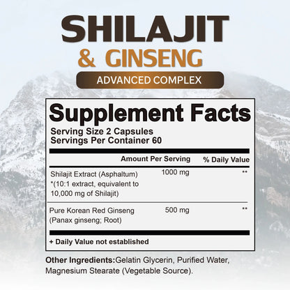 fachgo | Shilajit & Ginseng Supplement - Provides Energy and Endurance, Enhances Brain & Memory, Immune Support - 120 Capsules