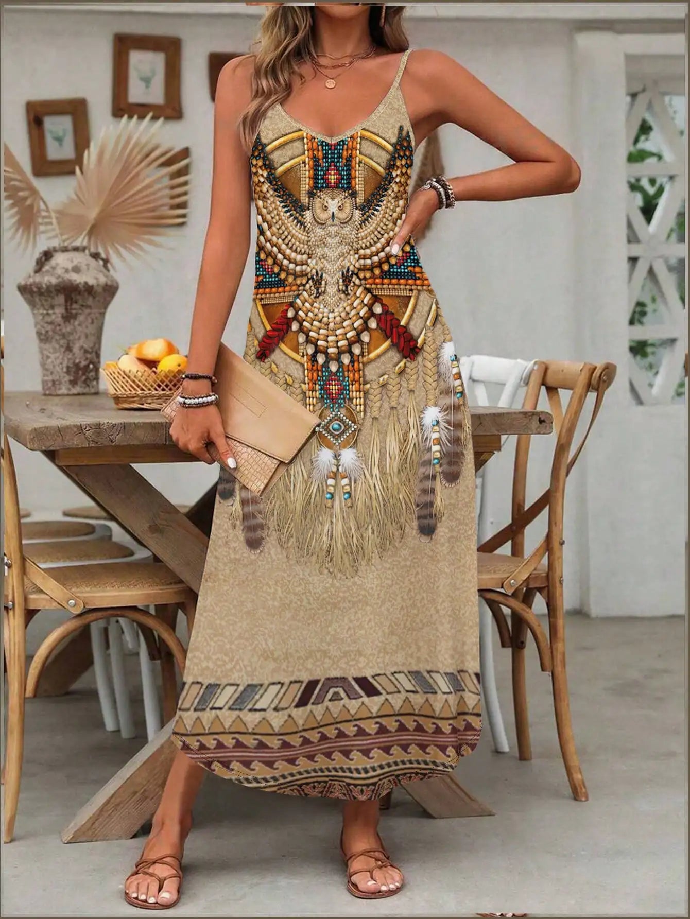 fachgo | Women's Fashion Western Ethnic Print Casual Suspender Dress