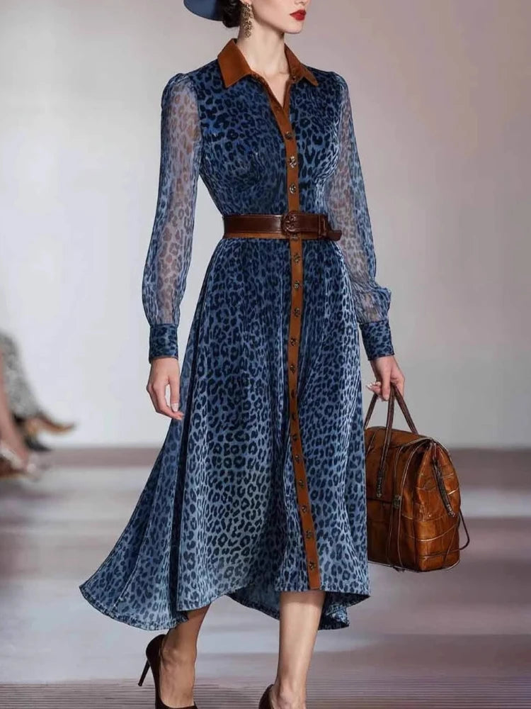 fachgo | Elegant Woman Dresses Retro Turndown Collar Leopard Print Long Dress Autumn Single Breasted Long Sleeve Western Cowboy Dress