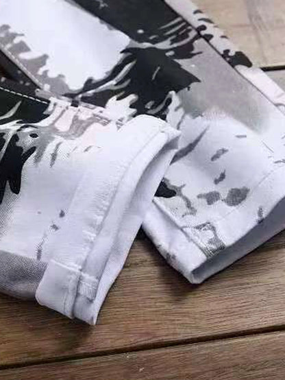fachgo | Men's Jeans Casual Black And Grey Printed Denim Pants Slim Fit Straight Leg Comfort Mid Waist White Trousers