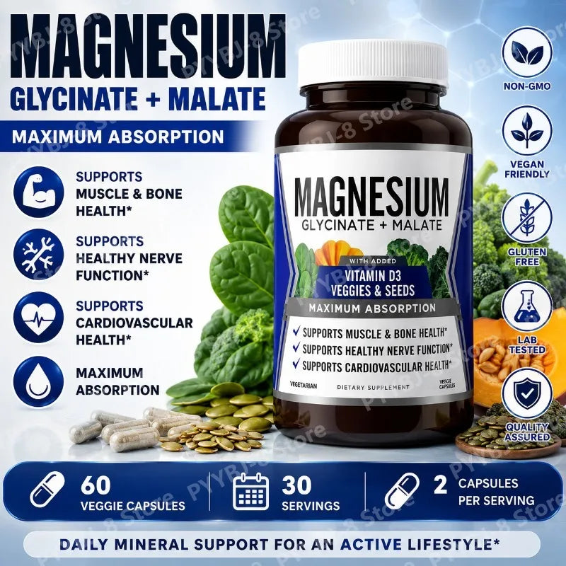 90 Capsules Magnesium Complex Supplement with Glycinate Malate and Vitamin D3 Daily Support Bone and Muscle Health Plant Vegan