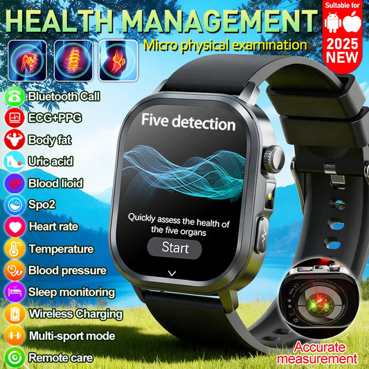 fachgo | New Accurate Blood Pressure Smart Watch Uric Acid ECG+PPG Blood Oxygen Body Analysis Body Fat LED Flashlight smart watches 2025