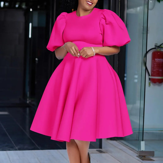 fachgo | Elegant Dresses for Woman 2024 O Neck Short Sleeve High Waisted Pleated Mid Calf Luxury Female Birthday Party Dinner Vestidos