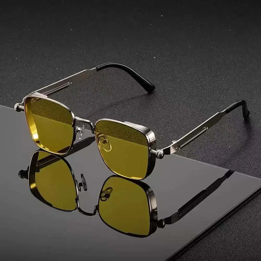 fachgo | Men Driving Sunglasses Vintage Steampunk Square Sunglasses Metal Frame with Spring Hinges Women Eyepiece Trendy Driver 2028