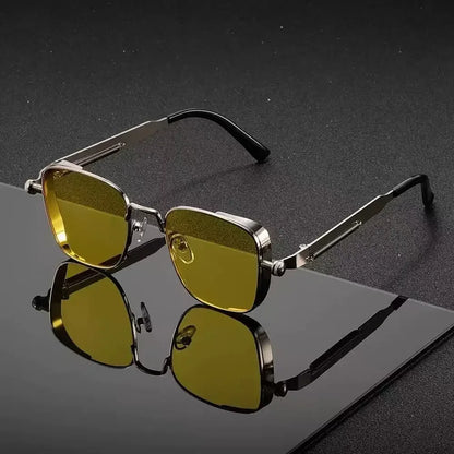 fachgo | Men Driving Sunglasses Vintage Steampunk Square Sunglasses Metal Frame with Spring Hinges Women Eyepiece Trendy Driver 2028