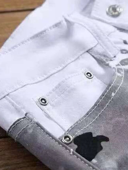fachgo | Men's Jeans Casual Black And Grey Printed Denim Pants Slim Fit Straight Leg Comfort Mid Waist White Trousers