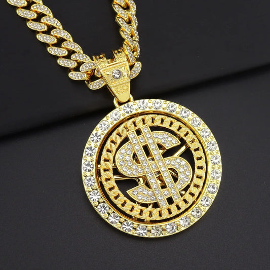 fachgo | Men Hip Hop Big Rotatable US Dollar Money Sign Pendant Necklace 13mm Iced out Cuban Chain Choker Necklace Rap Rock Charm Jewelry