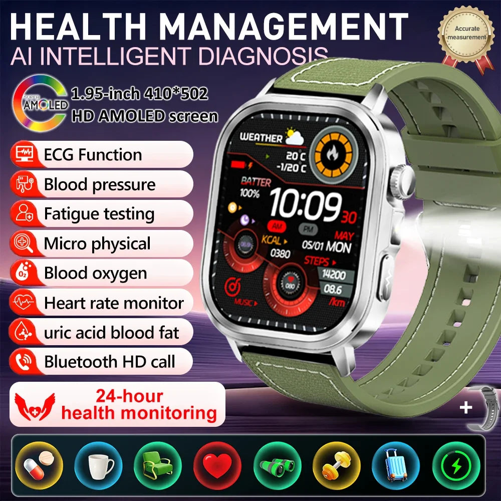 fachgo | New Accurate Blood Pressure Smart Watch Uric Acid ECG+PPG Blood Oxygen Body Analysis Body Fat LED Flashlight smart watches 2025