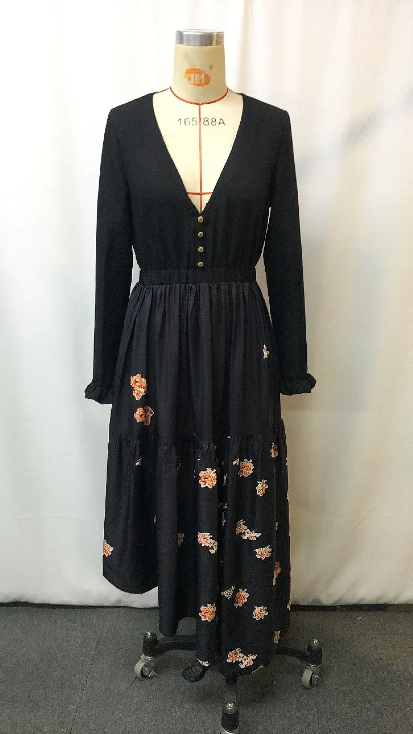 fachgo | 2025 Western Cowgirl Floral Vintage Dress - Ethnic Print Lace-Up Boho Chic Women's Party Dress with Ruffled Hem & Puffed Sleeves